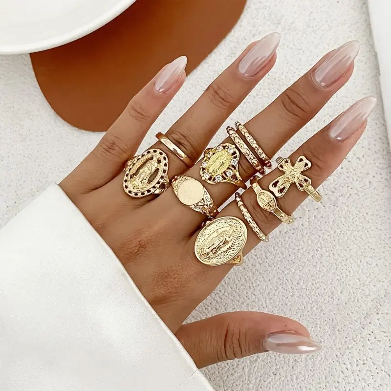 Women's 10-Piece Chunky Interchangeable Stacking Ring Set - Vintage Gold Virgin Mary & Cross Statement Multi Ring, Embossed Retro Costume Jewelry for Boho Outfits, Daily Wear, Interchangeable Rings