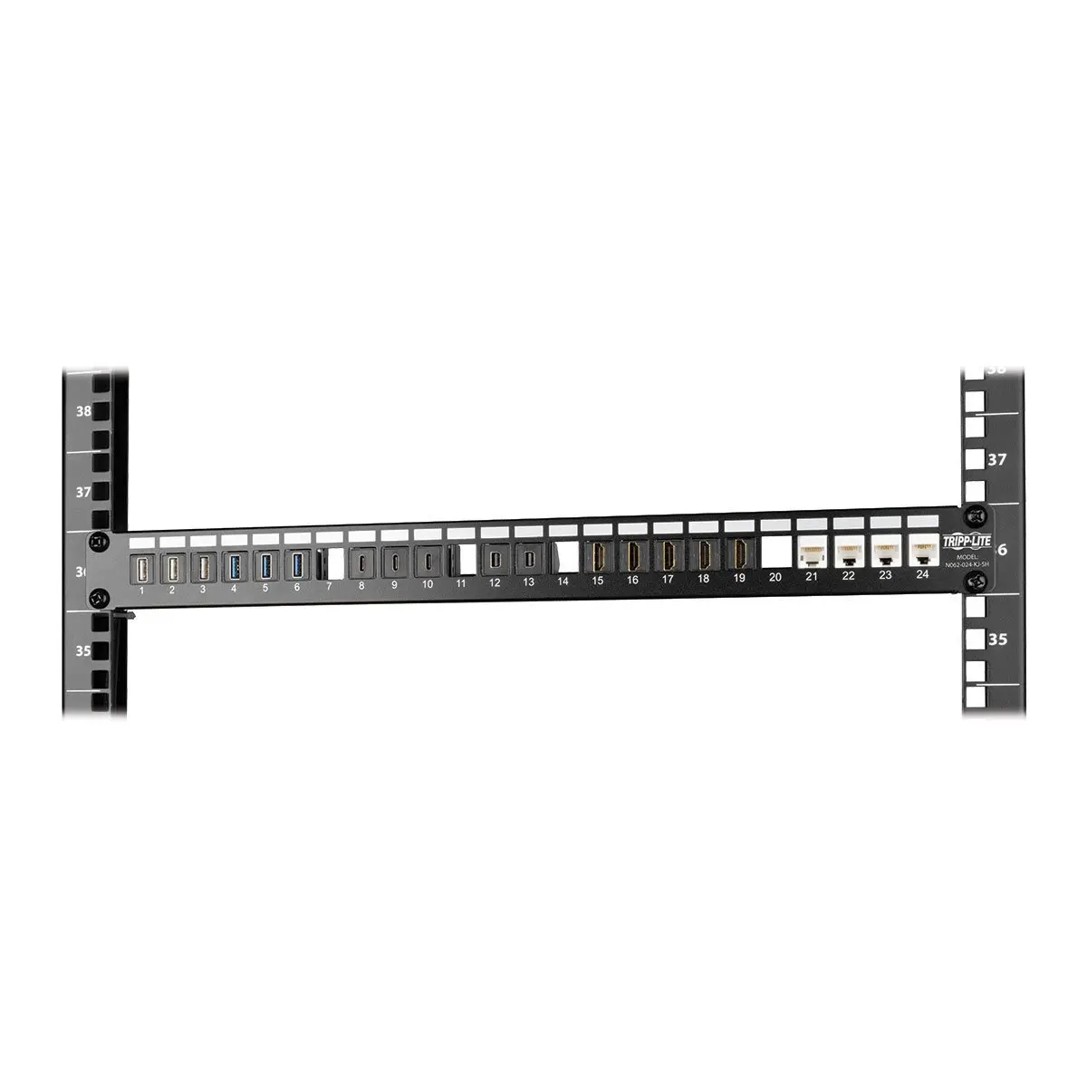 Tripp Lite N062-024-KJ-SH 24-Port Shielded Blank Patch Panel - RJ45, USB, HDMI, Cat5 & Cat6 Compatibility, 1URM, TAA-Compliant Power Over Ethernet Network Switches & PoE Component, Grounding Wire, Fully Shielded Keeps Cabling Neat