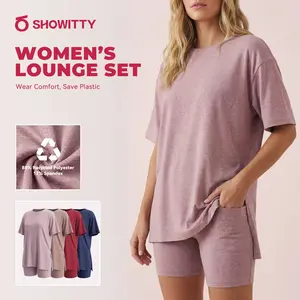 SHOWITTY Womens 2 Piece Athletic Lounge Set – Short Sleeve Crew Neck Top & Shorts with Pockets, Recycled Stretch Activewear Outfit