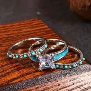 Simple European and American style engagement rings with blue turquoise stone for women, set of 3 suitable for holidays, engagements, weddings