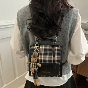 Vintage Plaid Mini Backpack - Convertible Shoulder Bag with Bunny Charm, Everyday Satchel Purse