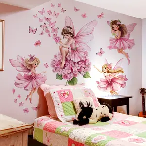 A set of 3 pieces (30*90cm*3pcs) pink butterfly fairy flower wall stickers for living room, bedroom, home background decoration, self-adhesive MS3301-YL Decorative wall sticker