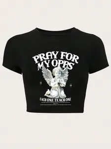 Women's Angel & Letter Print Round Neck Short Sleeve Crop Tee, Fashion Casual Crew Neck T-shirt for Daily Holiday Vacation Outdoor Wear, Ladies Clothes for All Seasons