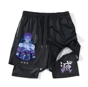 Demon Slayer Nezuko Print 2-in-1 Performance Shorts Anime Printing Double-Layer Beach Pants for Fitness Training & Sports Wear