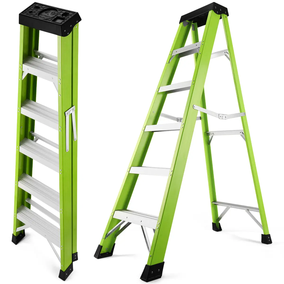 Non-Conductive Fiberglass Ladder, Green, 5-Step, Insulated Design for Electrical Work, 330 lbs Capacity, Premium Construction, Non-Slip Rubber Feet