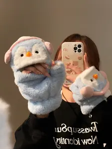Cute Blue Penguin Flip-Top Half Finger Plush Gloves for Women, Winter Fleece Warm Windproof Touchscreen Compatible