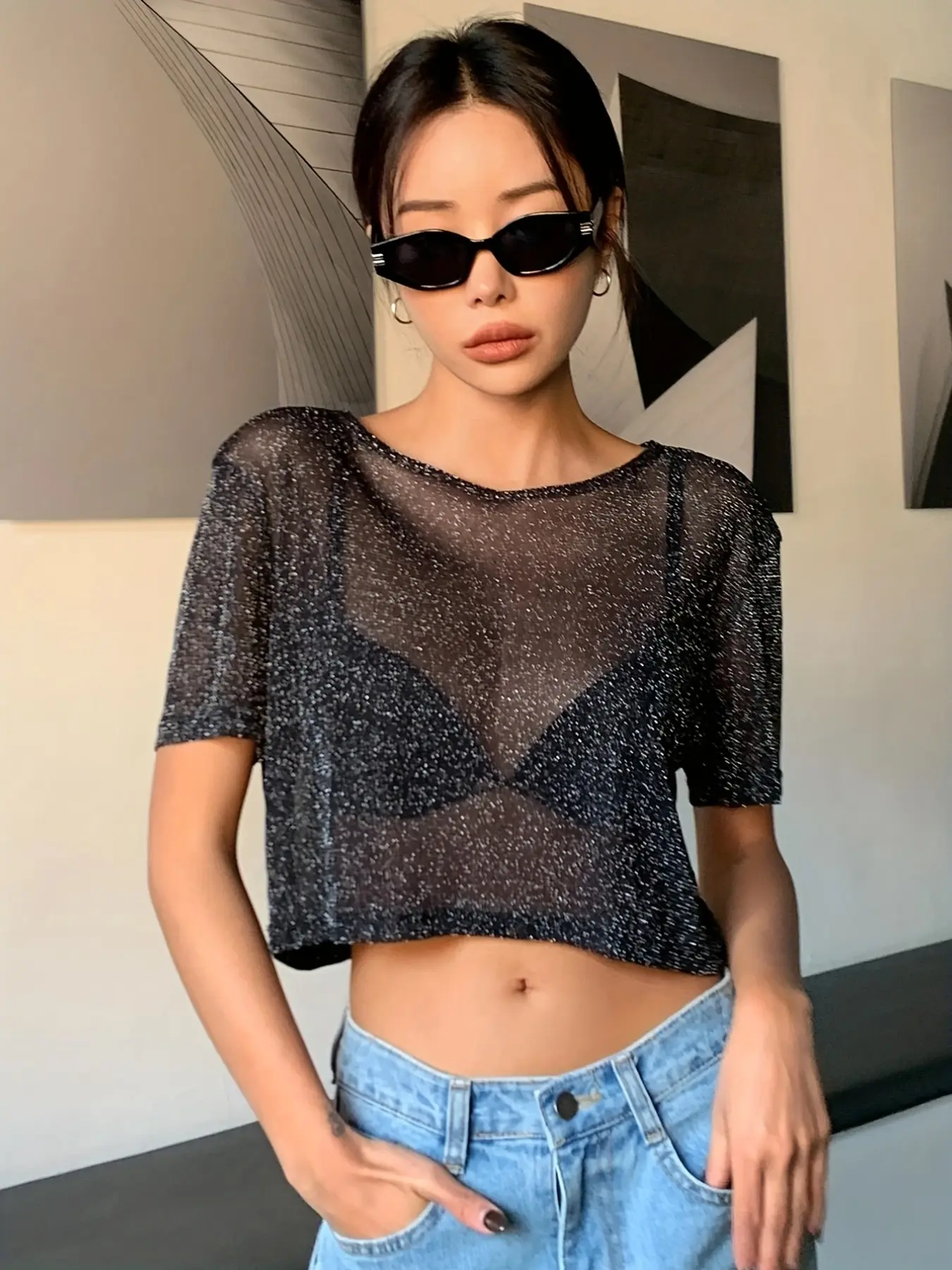 Y2K Glitter Mesh See-Through Short Sleeve T-Shirt for Women, Unique Design Crop Top, Hollow Out Micro Flash, Nightclub Sequins, Layering Base Shirt