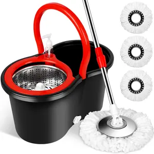 Spin Mop and Bucket Set with 360° Spinning Mop Bucket System, 3 Microfiber Mop Replacement Heads, 61" Stainless Steel Adjustable Handle Black