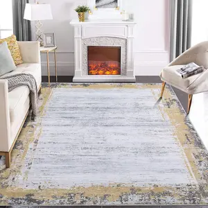【GARVEE】Large Area Rug 8x10 - Washable, Neutral Yellow Living Room Rug with Modern Geometric Design, Solid Border, Anti-Slip Backing, Machine Washable for Easy Care