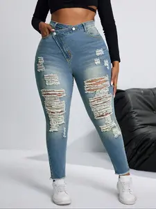 【Plus Size】 Denim Ripped Jeans, Casual Comfy Slim-fitting Skinny Pants for Daily Wear, Women's Bottoms for Summer, Streetwear
