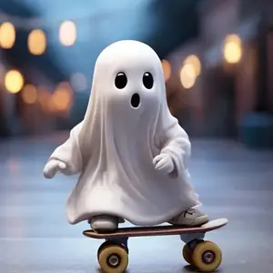 A ghost skateboard ornament, Figurine, a cute, mischievous little ghost home decor for Halloween, a Halloween gift for children, and a resin handicraft