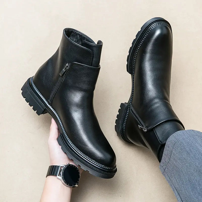 Sohochic Men's Elegant Minimalist Design Leather Cow Hide Side-Zip Flat Heel Ankle Boots - Waterproof, Slip-Resistant All-Seasons Athletic Footwear Fashion - Polished for Office, Office-to-Outdoors Use - Black Business Formal/Street Casual Shoes