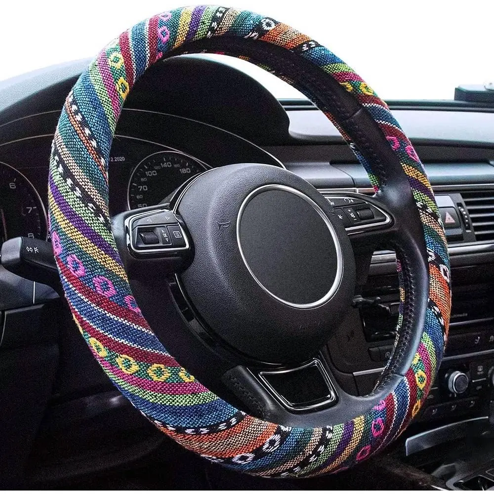 Women's Boho Microfiber Steering Wheel Cover - 15-in Universal O-Style Fit for Car SUV, Stable Anti-Slip Grip, Breathable, Sweat-Absorbing, Quick Install Microfiber Cloth Hippie Interior Protector, Car Interior, Hippie Style