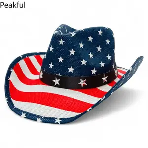 American Flag Printed Western Cowboy Hat, Trending Unisex Hard Shell Sun Hat, Retro Patriotic Wide Brim Outdoor Headwear,solid shell shaping & effective UV protection,perfect for holiday parades,western style parties,farm trips and casual outdoor outings