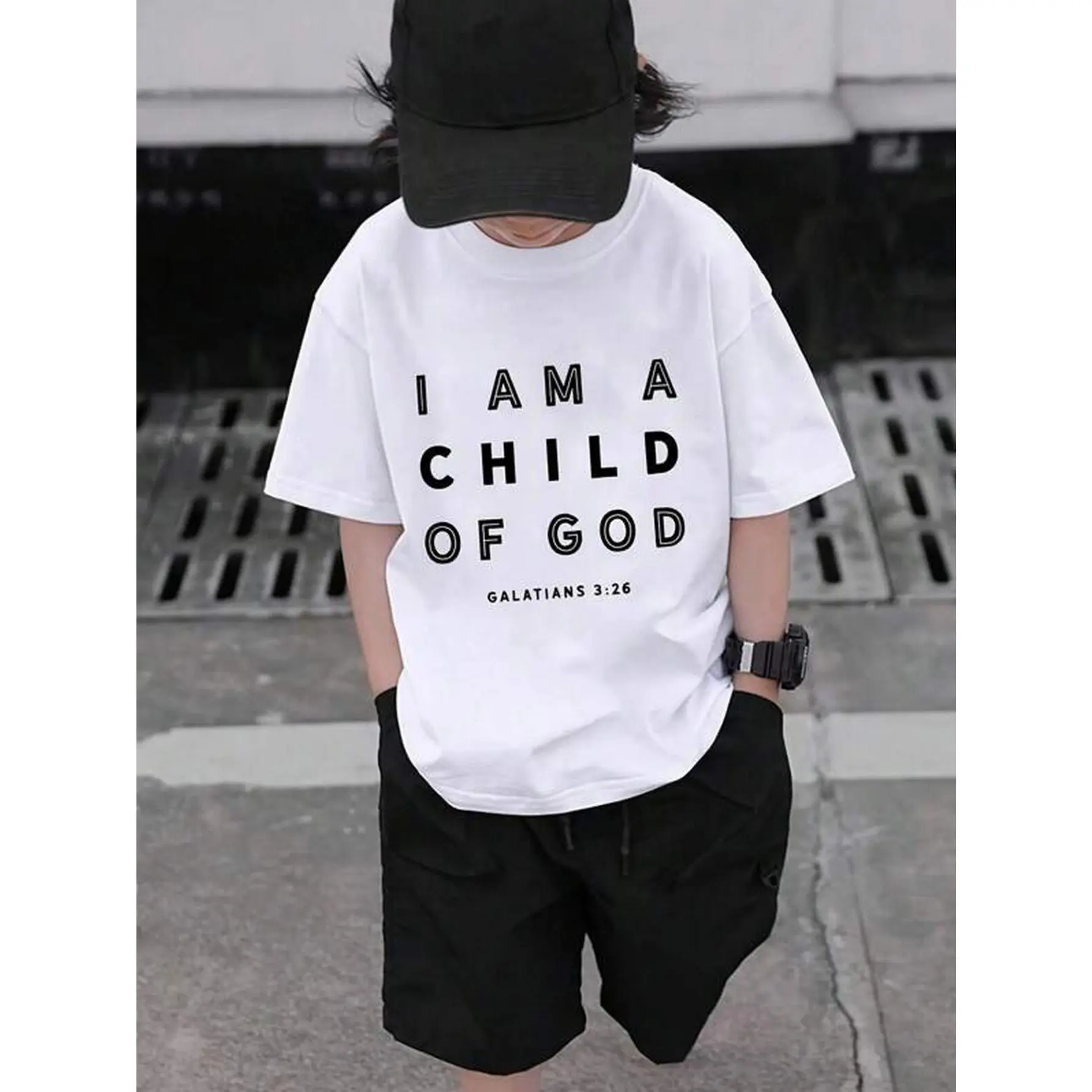 1pc Boys' 100% Cotton Rhinestone Short Sleeve Round Neck Sports Top - Faith Verse Front, Galatians 3:26 & "I Am a Child of God" Prints, Regular Fit All Seasons Church Wear, Gift for Boys Ages 3-13