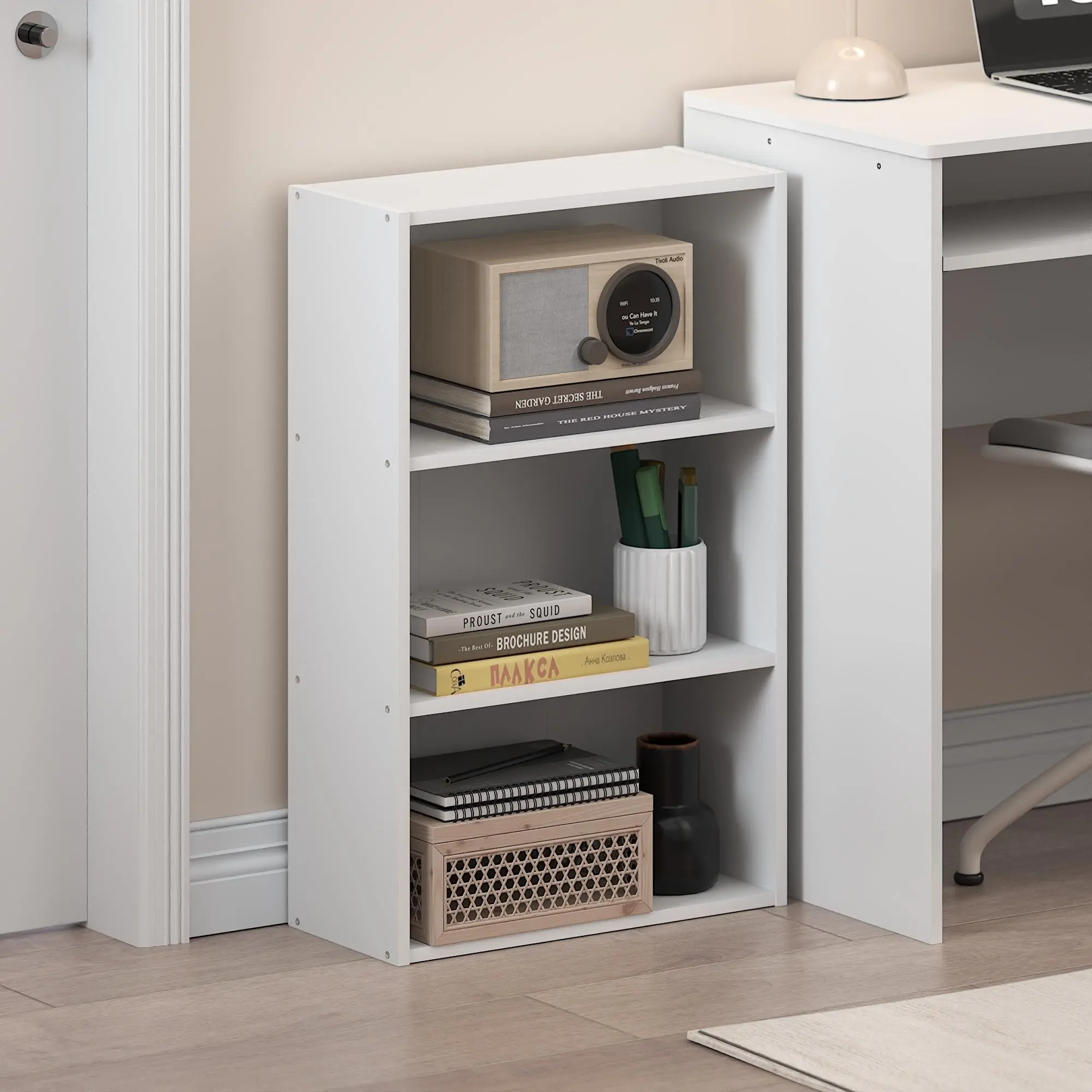 White 3-Tier Open Bookshelf - 7x17x26 in Basic Cube Indoor Floor-Standing Corner Shelf, Home Office Storage Solution, Small Room Organization Product, Small Room Organization Products