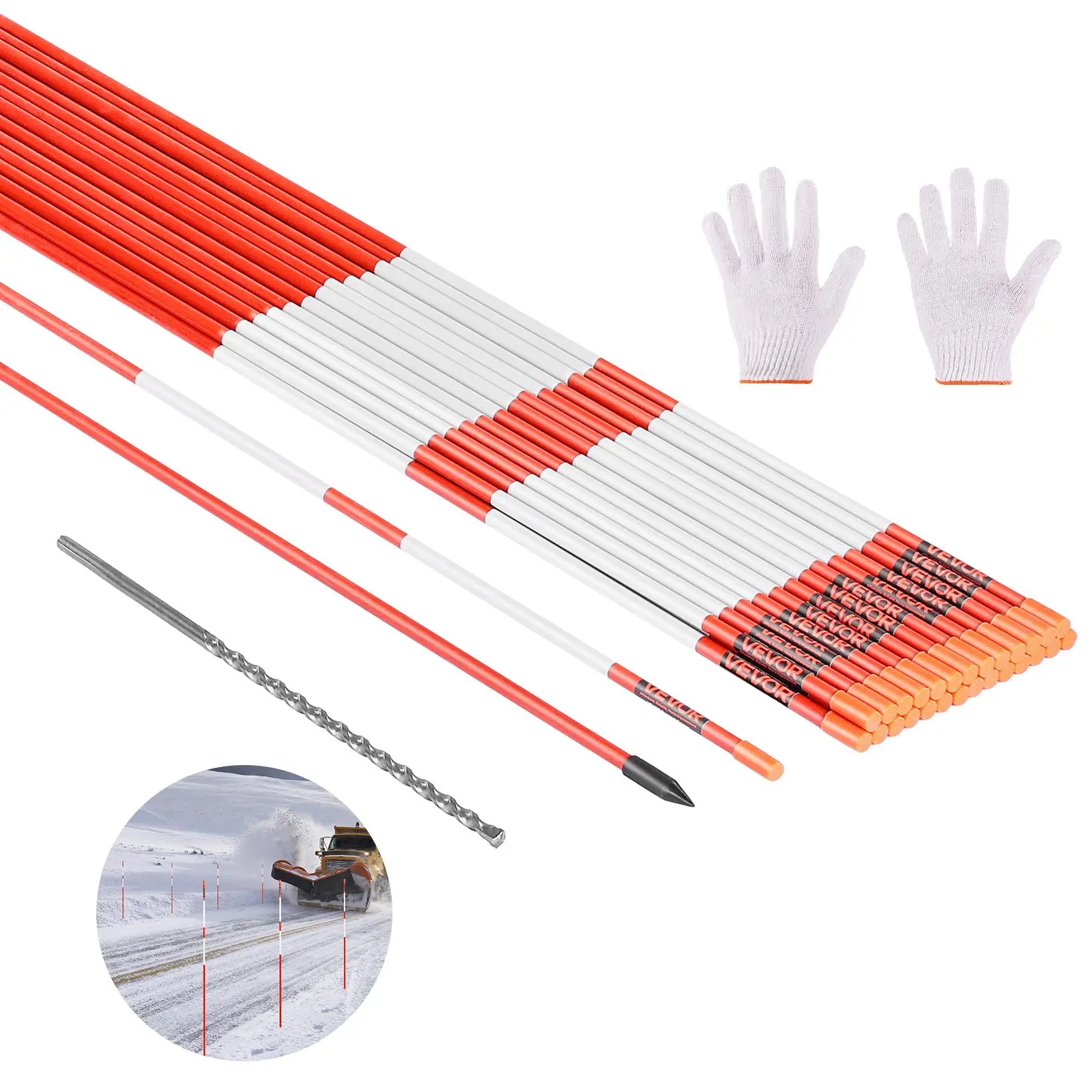 VEVOR Reflective Driveway Markers, 20Pcs 58" Long (58in) Fiber Glass Poles (5/16" Diameter), High-Visibility Strips, Gloves + 12" Steel Drill Bit, Accident-Reducing for Parking Areas, Construction Sites, Soft Ground
