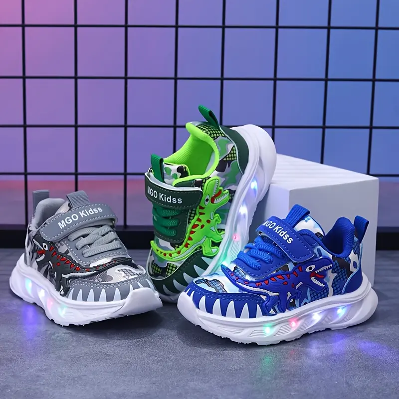 Youngsters' LED Dinosaur Sneakers - Boys' Glow-in-the-Dark T-Rex Sneakers with Flashing Lights, Camouflage & Solid Patterns, Hook-and-loop Fastener Closure, Ages 1-6, Perfect for Casual Play, Seasonal Youngsters's Shoes |         Dinosaur Theme Footwear F