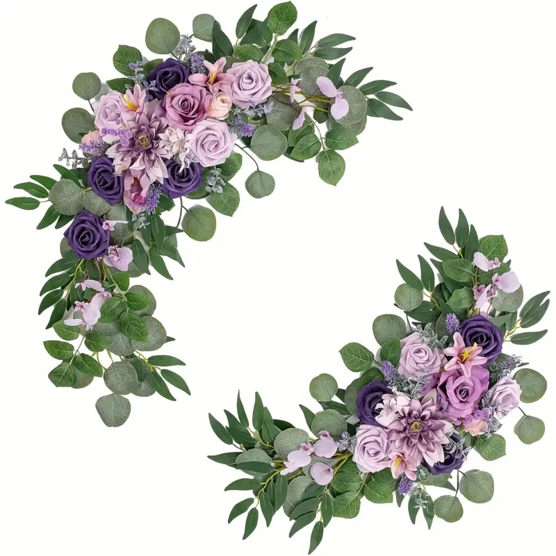 2-piece lilac purple Decorative Artificial Flower wedding arch floral decoration, Artificial Flower Decorations, Decorative flower arrangement, main flowers of purple dahlia, lavender, paired with green vines, perfect for wedding and home decor