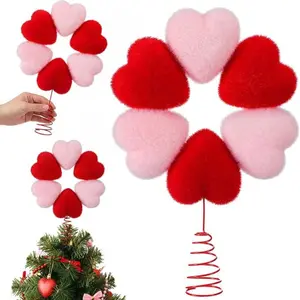 Valentine's Day Tree Top Decoration Set, 6 Colorful Heart Plush Ornaments & Rose, Romantic Metal Decor for Christmas Home Wedding Party