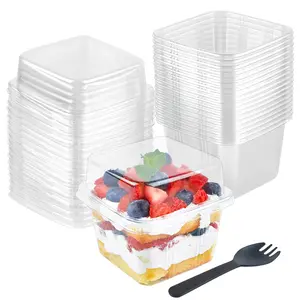 50 Pack 8 oz Square Plastic Dessert Cups with Lids and Sporks, Disposable Cake Cups Yogurt Parfait Containers for Fruit, Pudding, Mousse, Ice Cream and Strawberry Shortcake