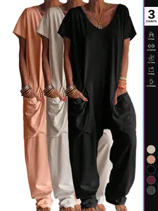 2026 Women's Casual Jumpsuit, Short-Sleeve V-Neck Harem Pants, Loose Fit Wide Leg, Perfect for All Seasons, Stylish & Comfortable