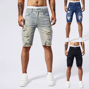 Summer New Men's Ripped Denim Shorts Fashion Vintage Hole Streetwear Stretch Slim Knee-length Short Pants Trendy Brand Male
