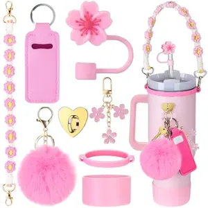 Cup Accessories for Stanley Cup 30oz 40oz Tumbler with Handle, Including Water Bottle Handle Strap, Chapstick Holder, Boot, Keychain Charms, Straw Topper Cover Cap for Stanley (Pink)