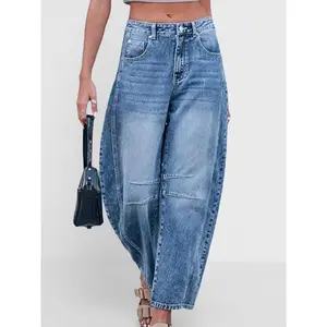 Women’s Barrel Jeans — Wide-leg denim ankle pants, Y2K baggy retro boyfriend jeans