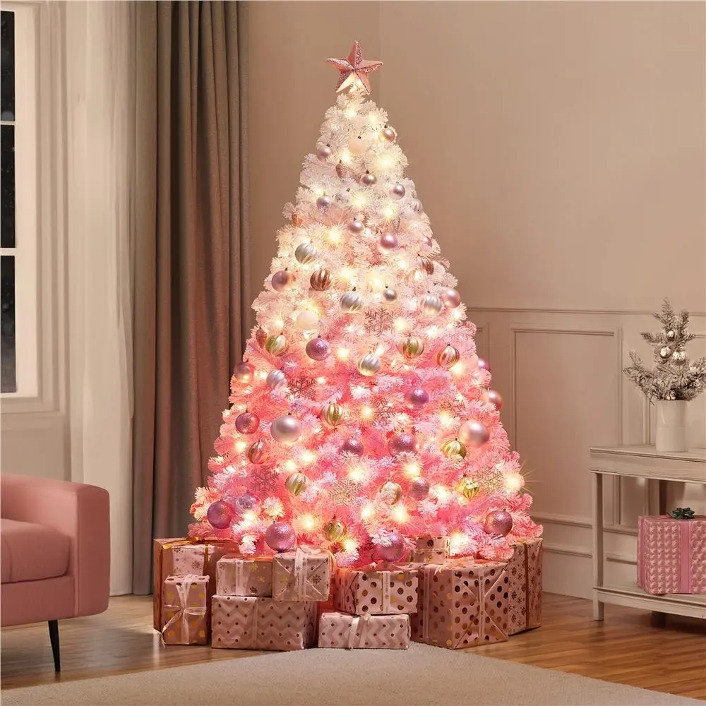 【All Pink】Yaheetech 4.5/6/7.5/9ft Pre-lit Flocked Artificial Christmas Tree with Foldable Stand, Hinged Fir Holiday Decorative Artificial Tree with Incandescent Warm Lights and Tips