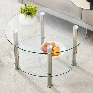 Round Coffee Table, 27.5" Circle Coffee Table for Living Room with 2-Tier Storage Shelf, Design Accent Center Table with Tempered Glass Desktop and Stainless Steel Silver Plated Legs, Silver