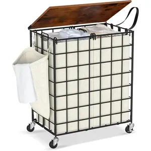 Laundry Basket with Wheels, Laundry Sorter 2 Sections, 120L (32Gal.)Large Capacity Laundry Hamper with Wood Lid, 360 Rolling Wheels, Side, Pull Handle (Beige)
