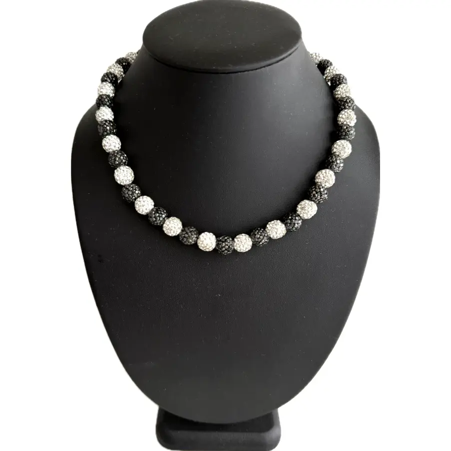 Iced Bling Disco Ball Rhinestone Bead Baseball Necklace Black Silver Hematite