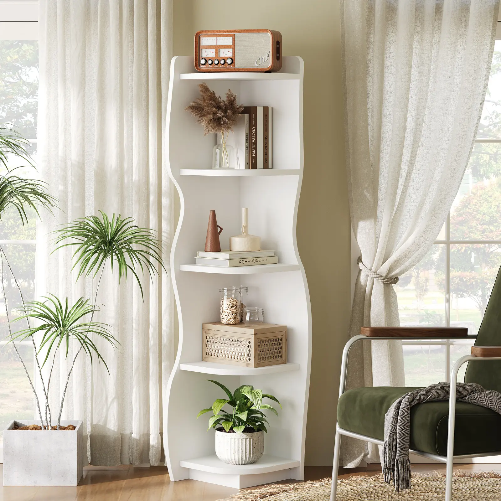 HOOBRO LED Corner Shelf, 5-Tier Modern Corner Bookshelf with Light, Stylish Display Bookcase，Wooden Open Book Shelf Storage Rack for Small Spaces, Living Room, Home Office, White WT67DCJ01 #SummerVibes