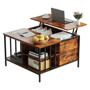 20.3-25.6 Inch Adjustable Lift Top Coffee Table, Wood Grain Melamine Board Coffee Table with Metal Frame, Hidden Storage & 3 Open Shelves 110LBS Load Farmhouse Style Table with Adjustable Feet Easy Assembly for Living Room Small Space Home Use