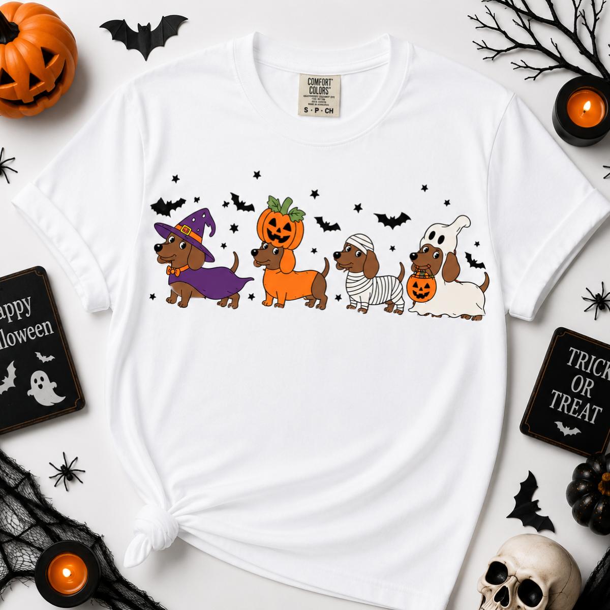 Comfort Colors Doxie Halloween Shirt, Funny Dachshund Costume T-Shirt, Witch Pumpkin Mummy Ghost Wiener Dog Tee, Spooky Dog Lover Gift, Fall Graphic Tee