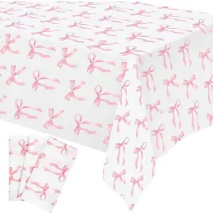 3Pcs Pink Bow TableCloth，Coquette Bow Table Cover Rectangle Pink Tablecloth，Disposable Tablecovers，Coquette Party Decorations For Wedding Engagement Bridal and Birthday Decor
