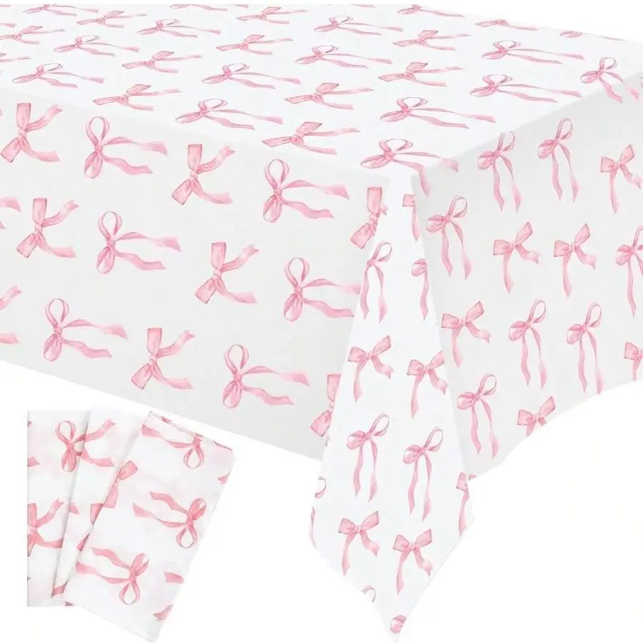 3Pcs Set Pink Bow TableCloth，Coquette Bow Table Cover Rectangle Pink Tablecloth，Disposable Tablecovers，Coquette Party Decorations For Wedding Engagement Bridal and Birthday Decor Party Decoration Supplies, Party Supply