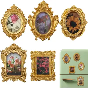 Mini Gold Magnetic Picture Frames for Refrigerator, 5 Small Vintage Photo Frames with Soft Magnet Backing, Victorian Style Decor for Kitchen Office Home
