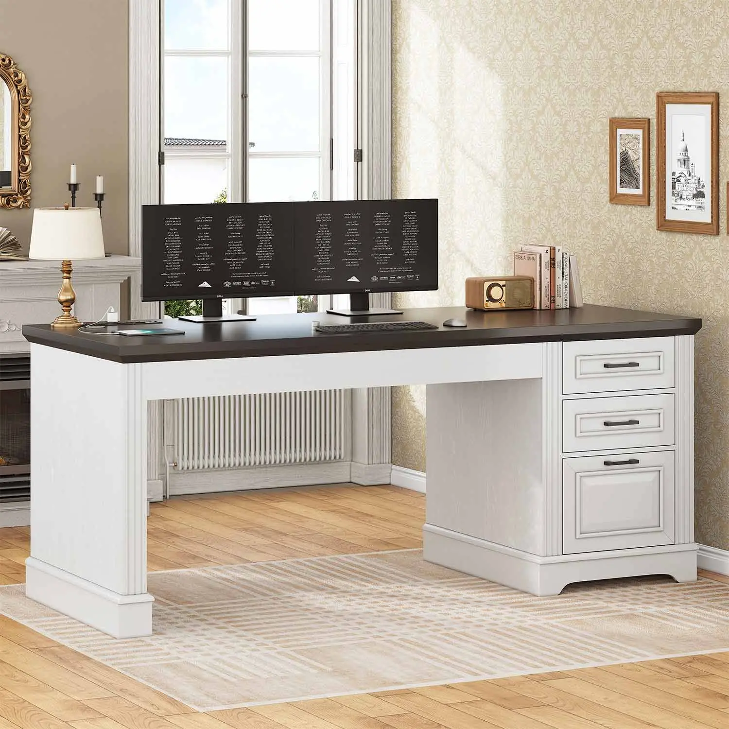 Sedeta 55" Farmhouse Modern Sturdy Wood Home Office Desk - Drawers Desks with 3 Sliding Desktop Compartments, Storage Platform, Built-in Outlets, Compartment Cabinet for Study Workstation Organization, Sturdy Desks