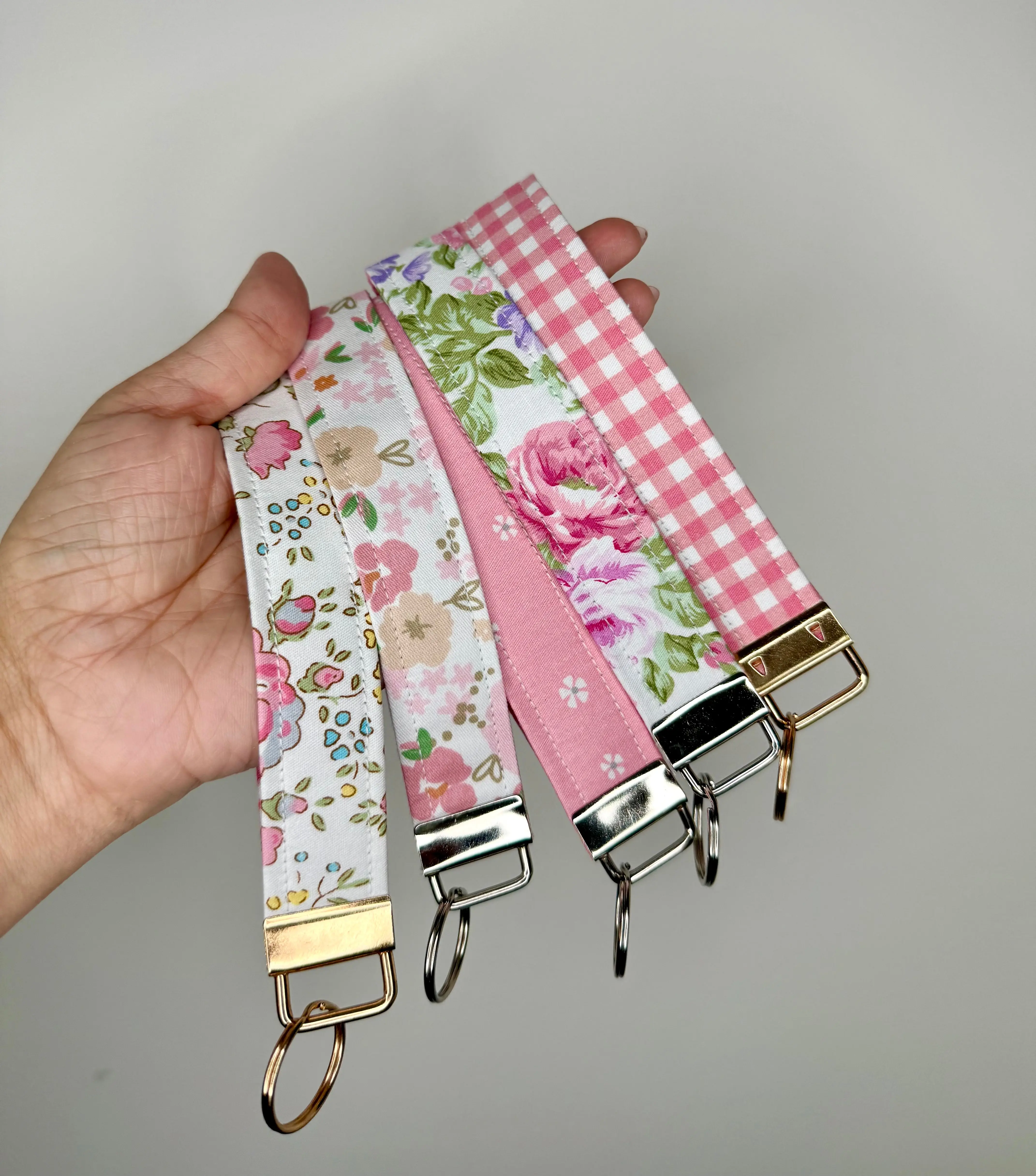 2 Cute Studios Handmade Cotton Fabric Keychain Wristlet in Pink with Floral & Gingham Patterns 6.5 Inches Lobster Claw Hook Available