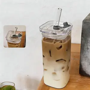 2pcs Glass Cup Set with Lid and Straw, 13oz Square Glass Cups, Reusable Transparent Glasses for Beer, Tea, Cocktail, Whiskey, Juice