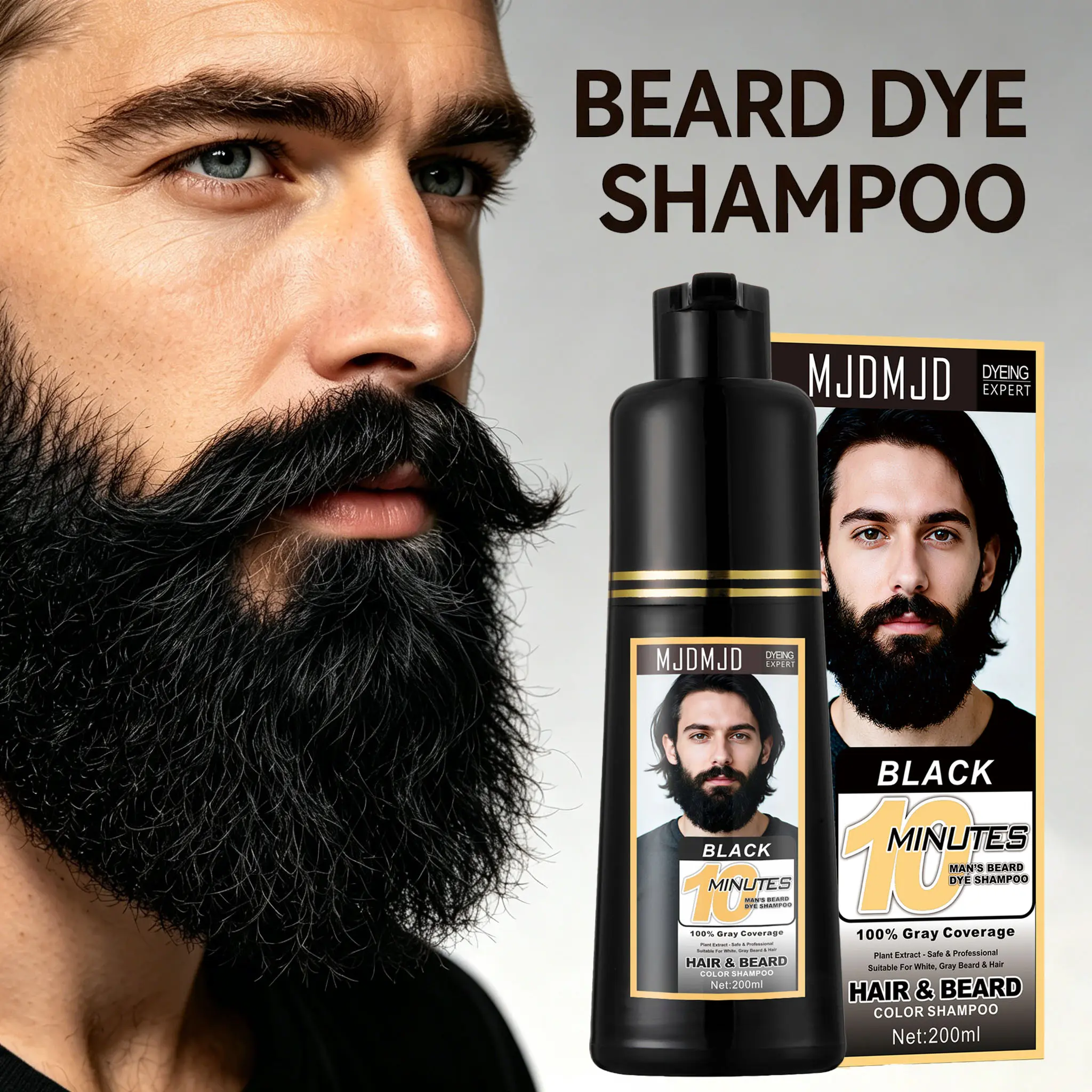 3-in-1 Men's Black Beard & Hair Dye Shampoo, Gray Hair Coverage for Mustache & Beard, Quick & Easy At-Home Hair Coloring, Long-Lasting Black Beard Color, 200ML