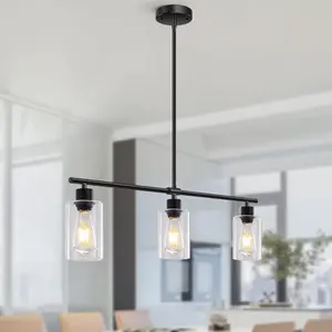 Kitchen Island Lighting 3 Lights Linear Chandeliers Rectangle Pendant Light Fixtures for Dining Room Farmhouse Hanging Light with Glass Shades(Black)