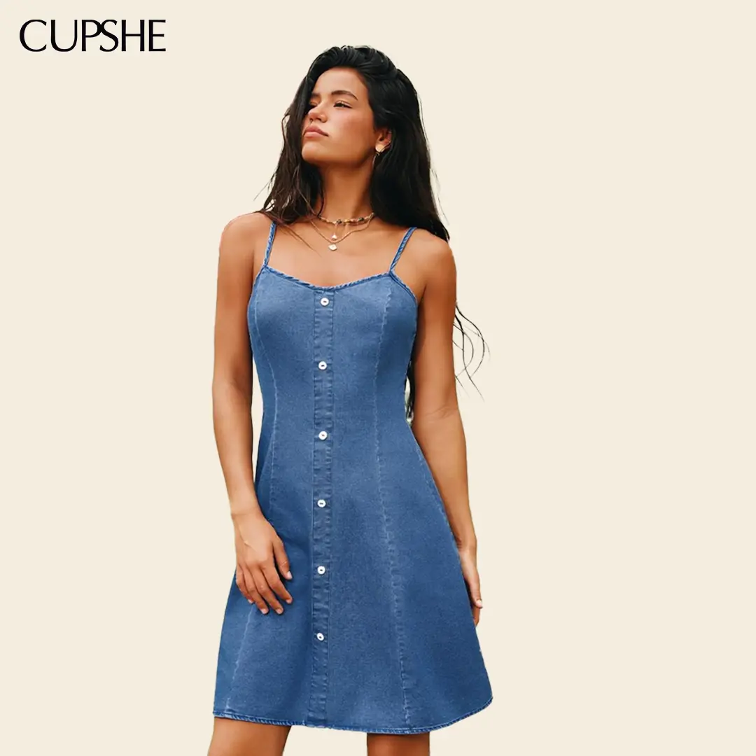 CUPSHE Women's Encore 90% Cotton Blend Denim Mini Dress - Sleeveless Scoop Neck, Machine Washable, Summer Going Out Casual Woven Wear#tiktokshopbacktoschool