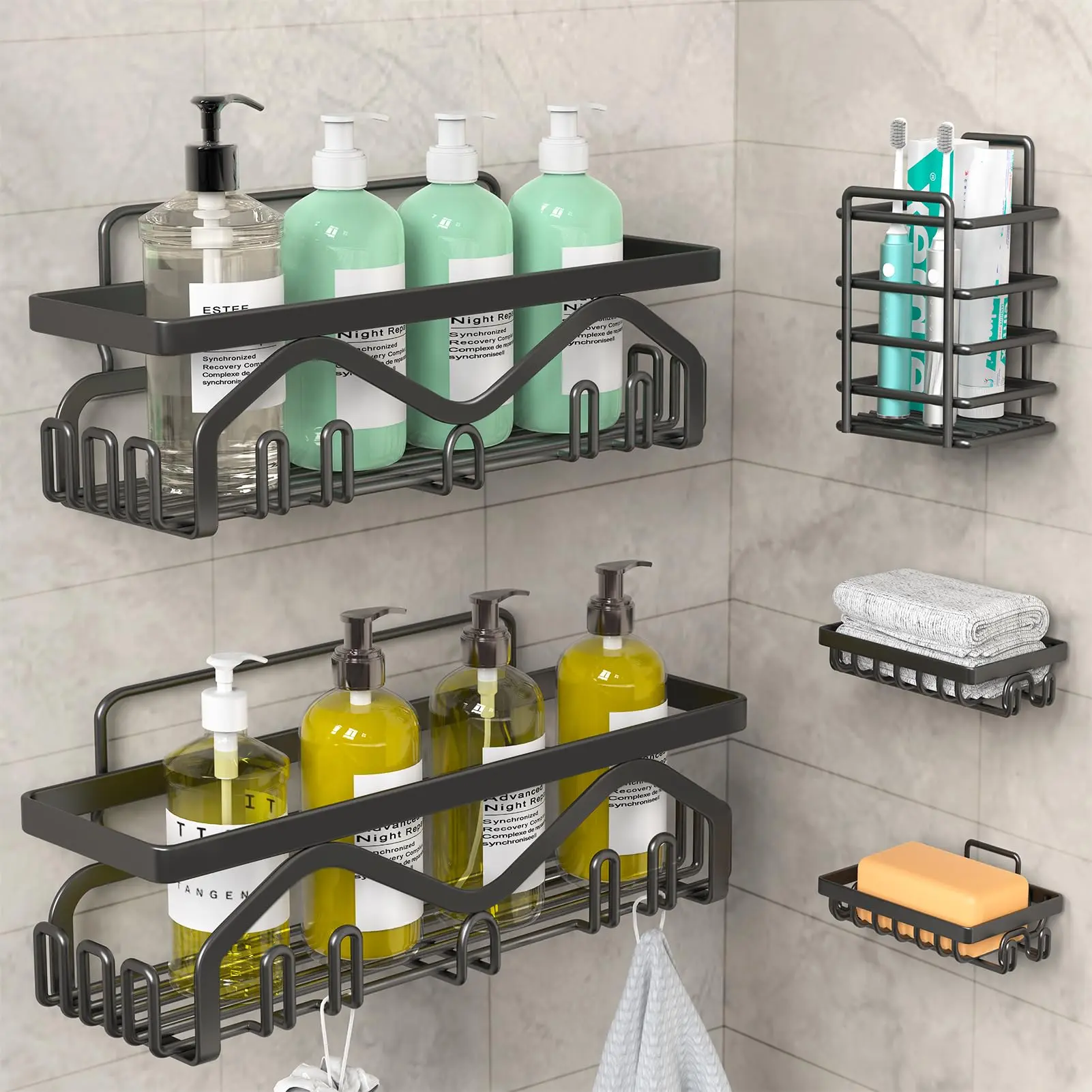 5 Pack Adhesive Shower Caddy, Rustproof Stainless Steel Shower Shelves with Soap Dish & Toothbrush Holder, No Drilling Wall Mounted Shower Organizer for Bathroom, Jabukosu