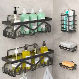 5 Pack Adhesive Shower Caddy, Rustproof Stainless Steel Shower Shelves with Soap Dish & Toothbrush Holder, No Drilling Wall Mounted Shower Organizer for Bathroom