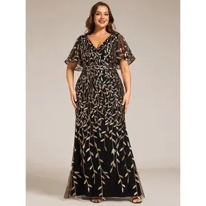 Ever-Pretty【Plus Size 】curvy dress  Dress ,V Neck Mermaid Sequin & Tulle Yellow Formal Wear with Waist Belt for Women's Elegant Events 00693 Fit Gorgeous