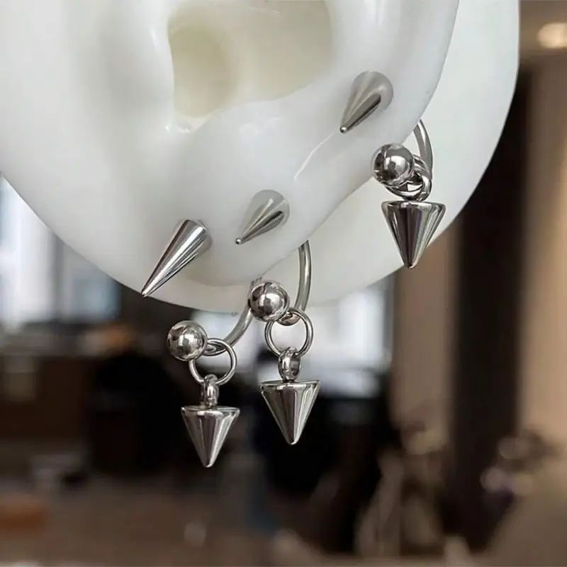 3PCS/Set Punk Cone Set, Silver Color Statement Stainless Steel Earrings Hoops, Unisex Punk Rock Style, Durable Stainless Steel, Hypoallergenic, Perfect for Parties