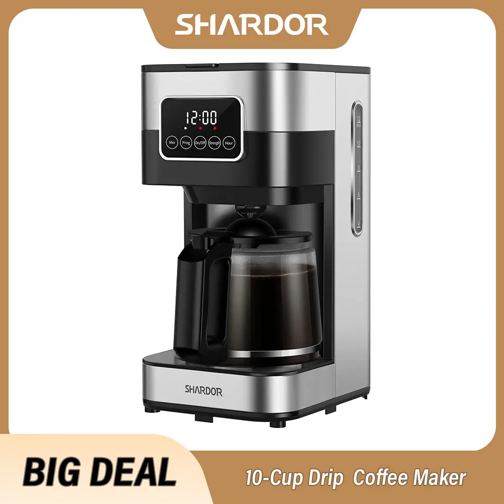 SHARDOR Automatic 10-Cup Stainless Steel Programmable Drip Coffee Maker with Touch Screen, Regular & Strong Brew Modes, Warming Plate, Auto Shut-Off, US Plug